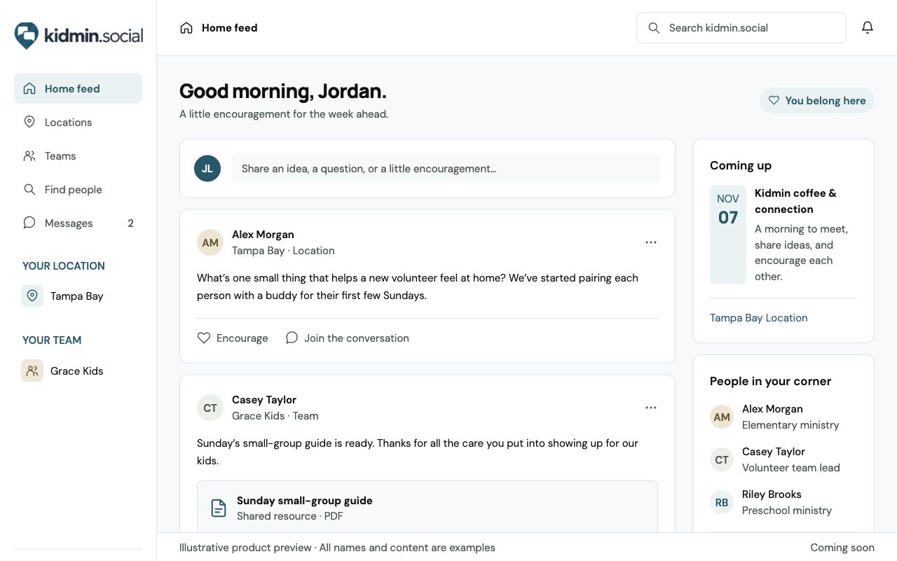 Illustrative home feed combining posts from a regional Location and a private church Team.