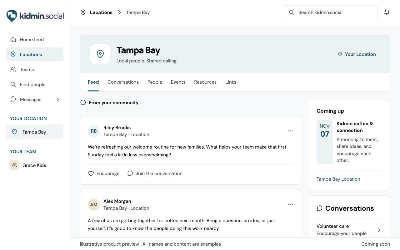 Illustrative Tampa Bay Location with local ministry conversations, people, and an upcoming coffee gathering.
