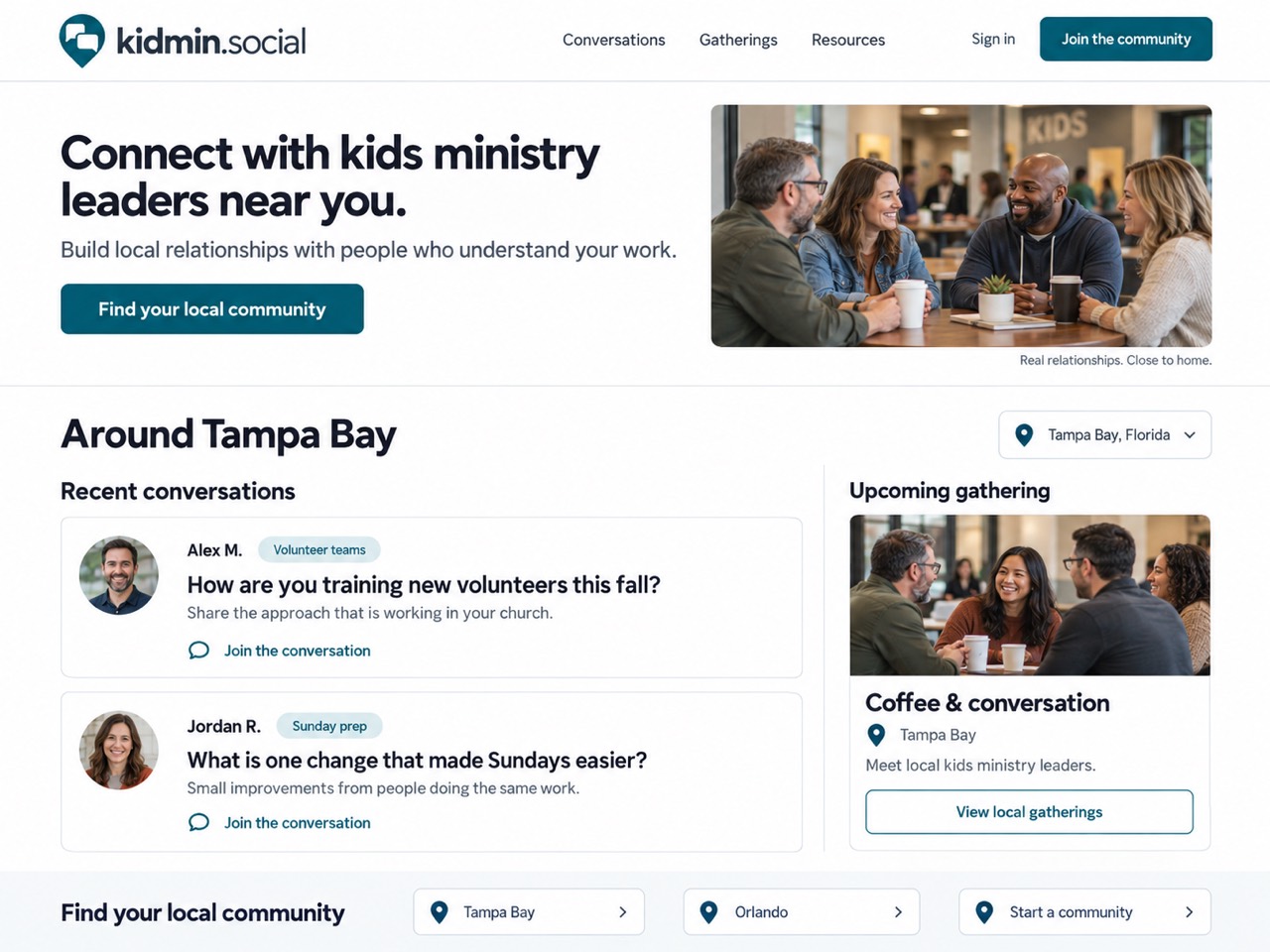 Illustrative concept scene of four adult children’s ministry leaders connecting over coffee.